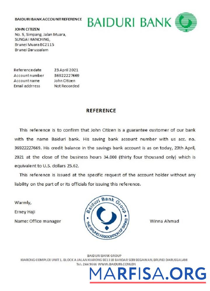 Blank Brunei Baiduri bank reference download for verification